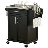 Kitchen Island on Wheels, Rolling Kitchen Cart with Stainless Steel Countertop, Drawer, Towel Rack and Spice Rack, Utility Storage Trolley, Black