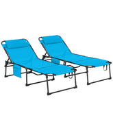 2 Piece Folding Chaise Lounge Pool Chairs with 5-level Reclining Back, Reading Hole, Side Pocket, Blue