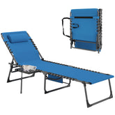 Folding Outdoor Chaise Lounge Chair Tanning Chair with 5-Level Adjustable Back, Side Table, Pillow, Pocket, Blue
