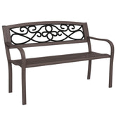 50" Outdoor Bench, Metal Garden Bench with Floral Pattern Backrest, Porch Bench with Slatted Seat for Park, Yard, Lawn, Brown
