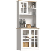 Kitchen Pantry Storage Cabinet, 72" Freestanding Cabinet with Hutch, Large Countertop, Glass Doors and Adjustable Shelves for Dining Room, White