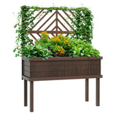 Elevated Wood Planter with Trellis for Climbing Plants, Raised Garden Bed with Legs and Drainage Holes, Carbonized
