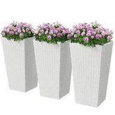Tall Planters for Outdoor Plants Set of 3, 24 In Taper Planters with Drainage Holes, Rattan Decor Plant Pots, White