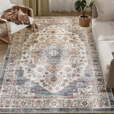 5x7 Area Rug, Vintage Machine Washable Rug, Non-Slip Carpet for Living Room, Bedroom, Dining Room, Brown & Light Blue