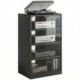 Media Cabinet, 4-Tier Stereo Cabinet for Vinyl Record Player, Gaming Console, AV Record Player Stand with Adjustable Shelves, Push-to-Open Glass Doors and Cable Management, Distressed Black