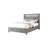 Oasis Modern Style King Bed Made with Wood & LED Headboard with bookshelf in Gray