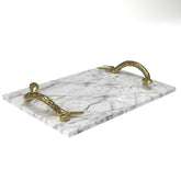 Andromache White Marble Decorative Serving Tray with Brass Snake Handles