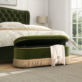 Avalon 48.5" Oval Tufted Bullion Fringe Storage Bench, Olive Green Performance Velvet