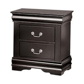 Crest Nightstand, 2 Drawers, Black Solid Wood, Nickel Metal Drop Handles