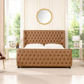 Apocalypse King Tufted Panel Bed Headboard and Footboard Set, Caramel Tan Brown Faux Leather