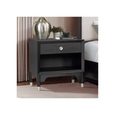Mid-Century Modern Style 1pc Nightstand Silver Capped Legs Round Knobs USB Charging Port Black Finish Bedroom Furniture