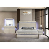 Earth Modern Queen 4Pc Bedroom Set made with wood and LED in Gray with clean linear detailing