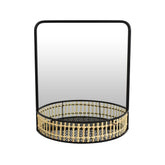 Ares Wall Mirror Decor with Woven Shelf, 20 Inch Tall Black Metal
