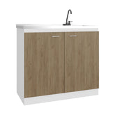 Pulsar Utility Sink with Faucet Inclued and Integrated Stainless Steel Counter top, Freestanding cabinet with two doors, Metal Handles and Two interior shelves, Natural+White