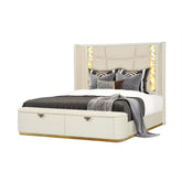 Harmony Pierre Modern Style Queen Upholstered Bed Made with Wood, Footboard Drawers and Gold Accents in Beige