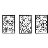 Melody 3 Piece Set Wall Decor, Floral Hollow Out Abstract Design, Black Rectangular Metal Frame