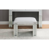 Perseus Ivory Synthetic Leather , Mirrored & Faux Crystals Vanity Stool (Assembled)