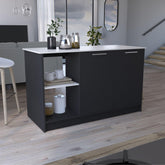 Poem Kitchen Island with Large Top Surface, Double Door Cabinet, and Open Shelves Black / Ibiza Marble