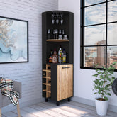Lyra Corner Bar Cabinet, Two Shelves, Ten Built-in Wine Rack, Single Door Cabinet, Two interior Shelves, -Black / Pine