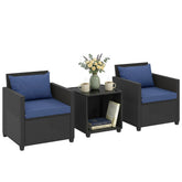 3 Piece Patio Bistro Set, Wicker Furniture Set with Thick Cushions, Glass Coffee Table and Chairs for Garden, Dark Blue