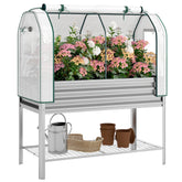 Galvanised Raised Garden Bed with Greenhouse Cover, Metal Elevated Garden Bed with Bed Liner, Bottom Shelf, Silver