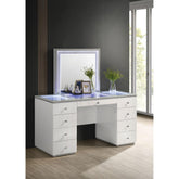 Contemporary Style 1pc Vanity Tempered Glass Top Ball Bearing Glides High Gloss Finish Stainless Steel Beveled Mirror White Finish Bedroom Furniture