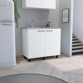 Pulsar 2 Utility Sink with Cabinet, Stainless Steel Countertop, Interior Shelf-White