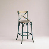 Antique Turquoise Finish Metal Frame Vintage Style Bar Chair 1pc Wooden Seat Dining Furniture