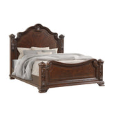 Traditional Style Queen Bed With Intricate Wood Carvings Made with Wood in Walnut