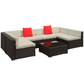 7 Piece Outdoor Patio Sofa Set with Cushions, All Weather PE Rattan Sectional Sofa, Glass Top Coffee Table, Cream White