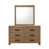 Dresser W Mirror Walnut Color Six Drawers Black Bar Pulls Transitional Style Bedroom Wooden