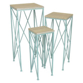 Odysseus 3pc Nesting Plant Stand Table, Brown Wood Top, X Cross Blue Metal