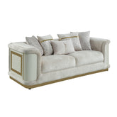 Asgard Contemporary Style Sofa with rich beige color fabric, gold-accented framing, and distinctive diamond-pattern panels