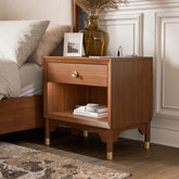 Revelation Century Modern Style 1pc Nightstand English Dovetail Drawer USB Port Gold Capped Legs Walnut Finish Bedroom Furniture