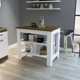 Astyanax Kitchen Island, Four Legs, Three Shelves -White / Walnut