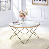 1pc Coffee Table Champagne Finish Frame Round Frosted Glass Top Mid-Century Modern Design Living Room Furniture