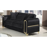 Paradise Modern Upholstered Loveseat in Black with Solid Birch Wood Frame, Pocket Coil Seating and Gold Stainless Steel Legs