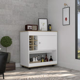Helen Bar Cart, Lower Panel, Six Bottle Cubbies, One Cabinet -Light Oak / White