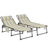 2 Piece Folding Chaise Lounge Pool Chairs with 5-level Reclining Back, Reading Hole, Side Pocket, Rainbow Striped