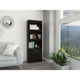 Rhea Bookcase, Metal Hardware, Three Shelves, Double Door Cabinet -Black