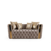 Revelation Button Tufted Loveseat with Velvet Fabric and Gold Accent in Taupe