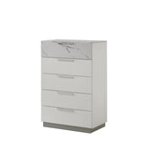 Hecuba Chest White – Two-Tone High-Gloss Marble & Lacquer Finish with Five Smooth-Glide Drawers, Velvet-Lined Top Drawer