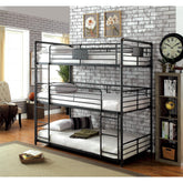Twin Over Twin Over Twin Bunk Bed Industrial Style Metal Structure Attached Dual Ladder Upper Guard Rails Pipe Framework Antique Black Finish