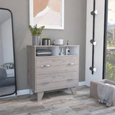 Armageddon Two Drawer Dresser, Two Open Shelves, Superior Top, Four Legs -Light Gray / White