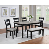 6pc Dining Set Rectangular Table Features Weathered Gray Finish Wood Grain Wide Slat Backs Padded Seats Upholstered Textured Neutral Fabric Chair Bench