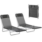2 Piece Sun Loungers, Folding Chaise Lounge Chairs with Reclining Back, Breathable Mesh Seat, Headrest, Black