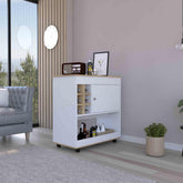 Helen Bar Cart, Lower Panel, Six Bottle Cubbies, One Cabinet -Light Oak / White