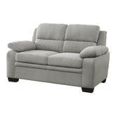 Aeneas 58 Inch Loveseat, Gray Polyester, Soft Foam Cushioned, Solid Wood