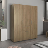 Planet 70" High Four-Door, One Drawer Armoire With Three Hanging Rods, Seven Shelves Bedroom, Wardrobe, Closet Natural Oak