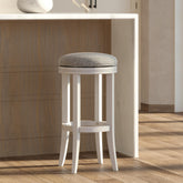 Story Bar-Height Wood Backless Barstool with Upholstered Gray Swivel Seat, White Frame, 1PC